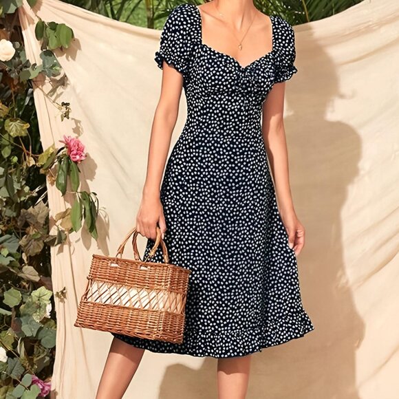 Women's Spring Summer Casual Floral Printed Cute Midi Dress - Navy Blue - Picture 1 of 6